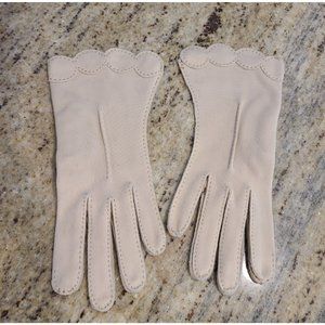 Vintage Size S Beige Stretch Nylon Formal Gloves 8.5" Hand Stitched Scallop Edge